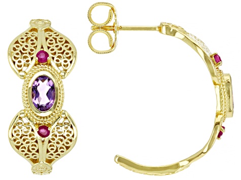 Purple Amethyst & Red Ruby 18k Yellow Gold Over Silver Filigree Earrings 0.35ctw