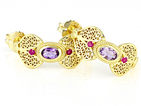 Purple Amethyst & Red Ruby 18k Yellow Gold Over Silver Filigree Earrings 0.35ctw