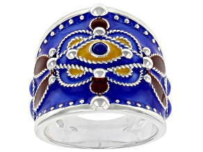 Multi-Color Enamel With Blue Lapis Evil Eye Sterling Silver Ring