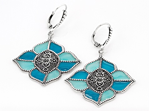 Green and Blue Enamel Sterling Silver Earrings