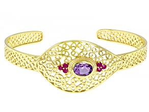 Oval Amethyst & Round Ruby 18k Yellow Gold Over Silver Filigree Bracelet 1.13ctw