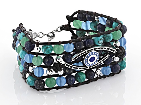 Lapis, Aventurine, Blue Agate and Hematine Sterling Silver Evil Eye Bracelet
