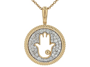 White Diamond G-H SI 14k Yellow Gold Hamsa Hand Dangle Pendant With 18" Chain 0.25ctw