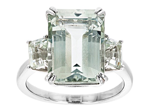 Green Prasiolite Rhodium Over Sterling Silver 3-Stone Ring 6.72ctw