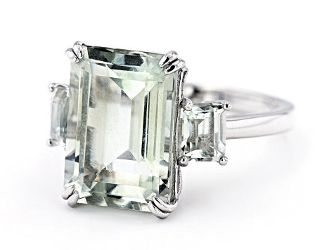 Green Prasiolite Rhodium Over Sterling Silver 3-Stone Ring 6.72ctw