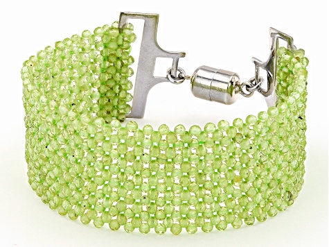 Green Peridot Rhodium Over Sterling Silver Woven Bracelet