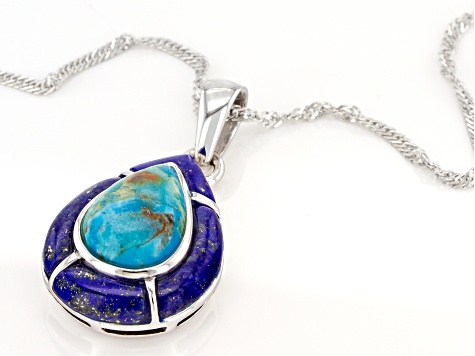 Blue Turquoise Rhodium Over Sterling Silver Pendant with Chain
