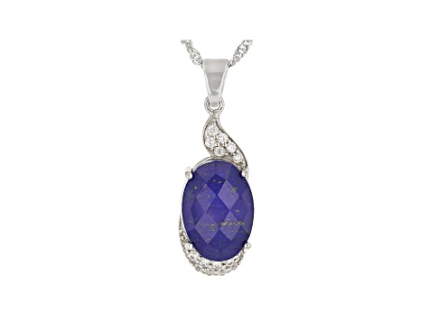 Blue Lapis Quartz Doublet Rhodium Over Silver Pendant Chain 0.24ctw