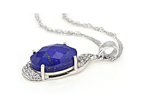 Blue Lapis Quartz Doublet Rhodium Over Silver Pendant Chain 0.24ctw