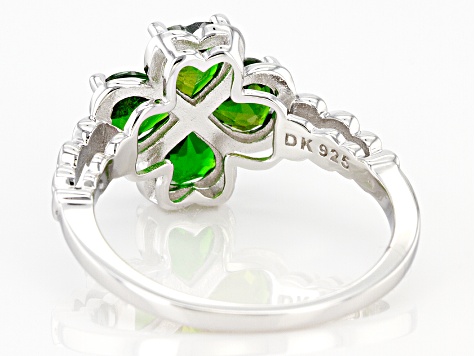 Green Chrome Diopside Rhodium Over Silver Four Leaf Clover Ring 1.63ctw