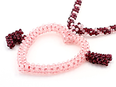 Pink Rose Quartz Rhodium Over Silver Heart Necklace