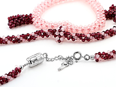 Pink Rose Quartz Rhodium Over Silver Heart Necklace