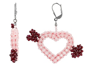 Pink Rose Quartz Rhodium Over Silver Heart Earrings