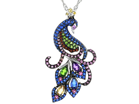 Multi-Gemstone Rhodium Over Sterling Silver Peacock Pendant With Chain 2.51ctw