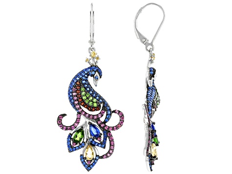 Blue Lab Spinel & Multi Gemstone Rhodium Over Sterling Silver Peacock Dangle Earrings 4.20ctw