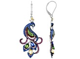 Blue Lab Spinel & Multi Gemstone Rhodium Over Sterling Silver Peacock Dangle Earrings 4.20ctw