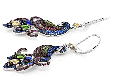 Blue Lab Spinel & Multi Gemstone Rhodium Over Sterling Silver Peacock Dangle Earrings 4.20ctw