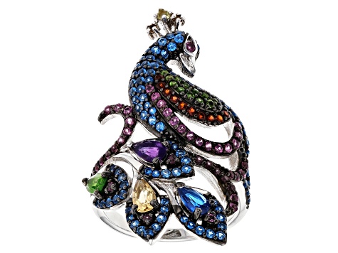 Multi Gemstone Rhodium Over Sterling Silver Peacock Ring 2.65ctw