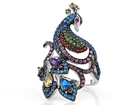 Multi Gemstone Rhodium Over Sterling Silver Peacock Ring 2.65ctw
