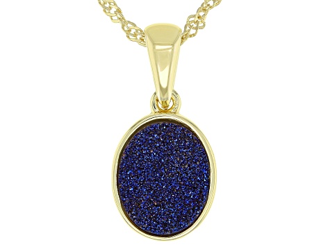 Blue Drusy Quartz 18K Yellow Gold Over Sterling Silver Pendant With Chain