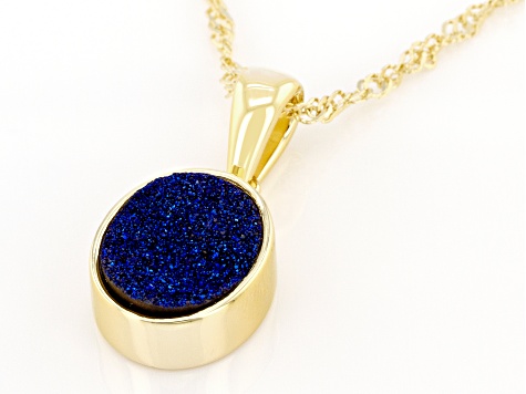 Blue Drusy Quartz 18K Yellow Gold Over Sterling Silver Pendant With Chain