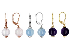 Pink Rose Quartz 18k Yellow, Rose Gold & Rhodium Over Sterling Silver Earring Set of 3