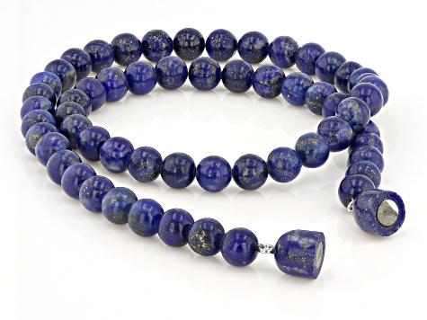 Blue Lapis Lazuli Rhodium Over Sterling Silver Beaded Necklace