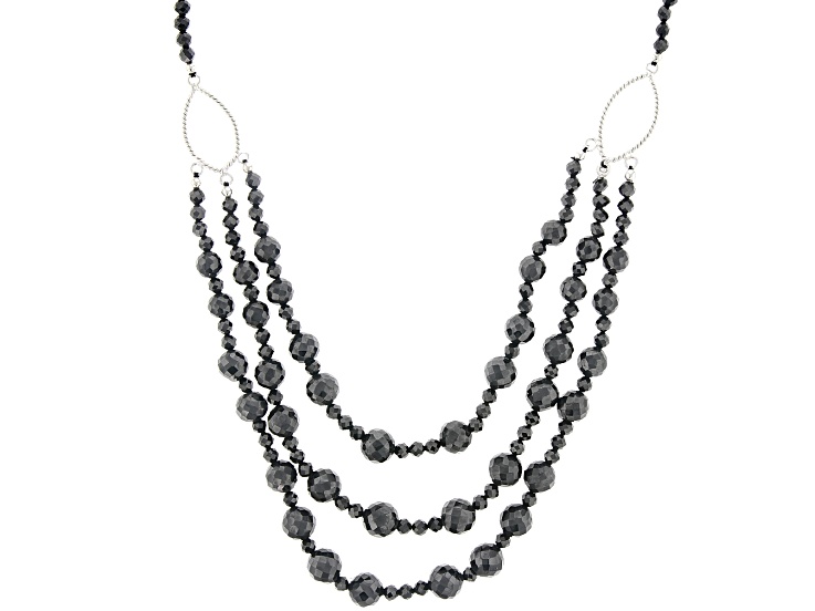 Black Spinel Rhodium Over Sterling Silver Beaded Necklace