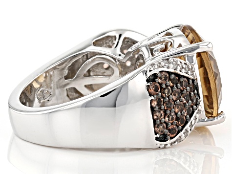 Champagne Quartz Rhodium Over Sterling Silver Ring 6.09ctw