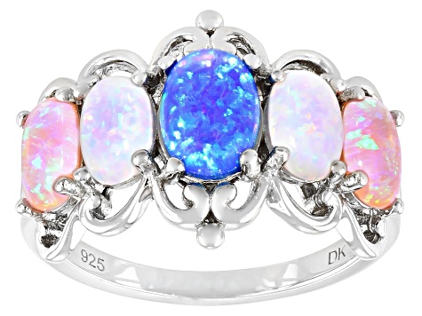 Blue Lab Created Opal Rhodium Over Sterling Silver Ring