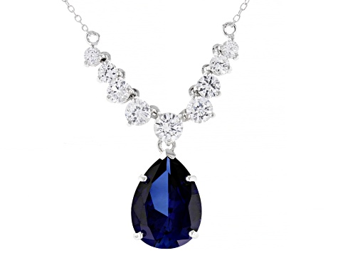 Blue Lab Created Sapphire Rhodium Over Sterling Silver Necklace. 11.31ctw