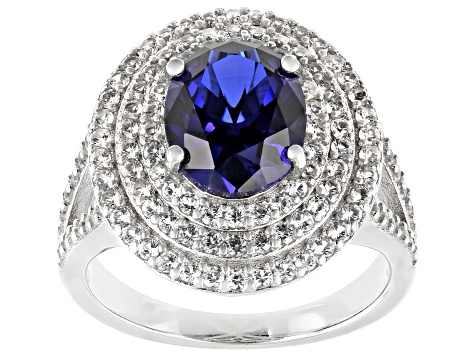 Blue Lab Created Sapphire Rhodium Over Sterling Silver Ring 4.02ctw