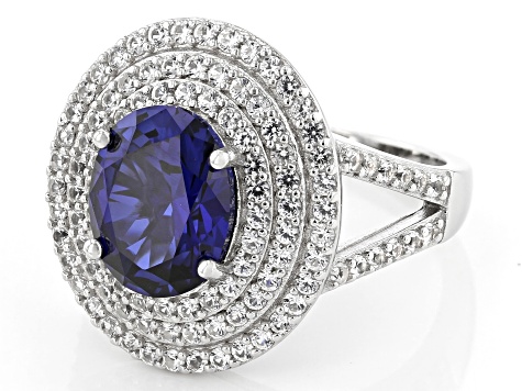 Blue Lab Created Sapphire Rhodium Over Sterling Silver Ring 4.02ctw