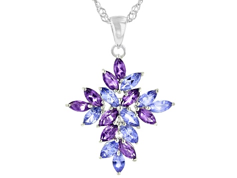 Blue Tanzanite Rhodium Over Sterling Silver Cross Pendant With Chain 2.36ctw
