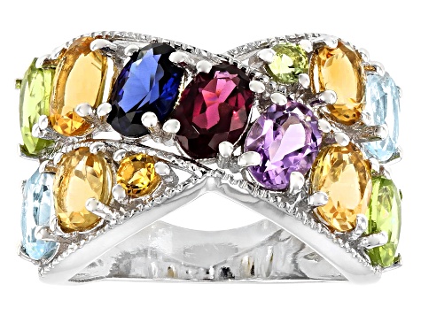 Oval And Round Multi Color Multi Gemstone Rhodium Over Sterling Silver Ring 4.99ctw - MFH119 - Vimarsana News