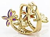 Multi Color Multi Gem 18K Yellow Gold Over Silver Butterfly Ring 2.92ctw