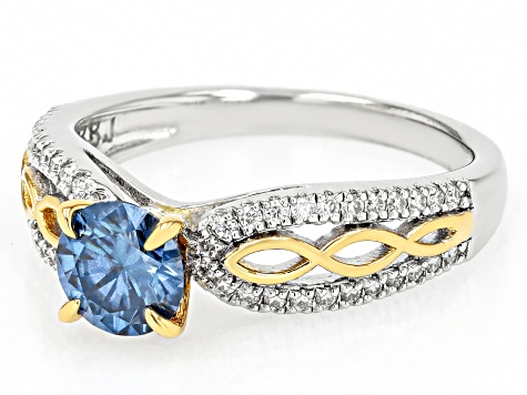 Blue And Colorless Moissanite Platineve And 14k Yellow Gold Over Silver Ring 1.28ctw DEW.