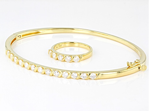 Moissanite 14k Yellow Gold Over Silver Ring And Bangle Bracelet Set 1.80ctw DEW.