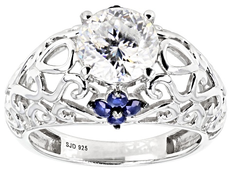 Moissanite And Blue Sapphire Platineve Ring 2.17ctw DEW