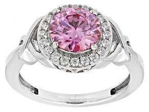Pink And Colorless Moissanite Platineve Halo Ring 2.10ctw DEW.