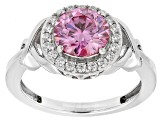 Pink And Colorless Moissanite Platineve Halo Ring 2.10ctw DEW.