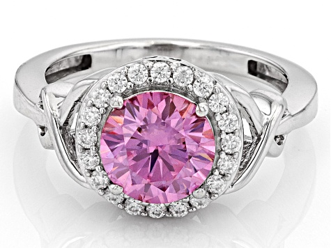 Pink And Colorless Moissanite Platineve Halo Ring 2.10ctw DEW.