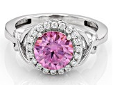 Pink And Colorless Moissanite Platineve Halo Ring 2.10ctw DEW.