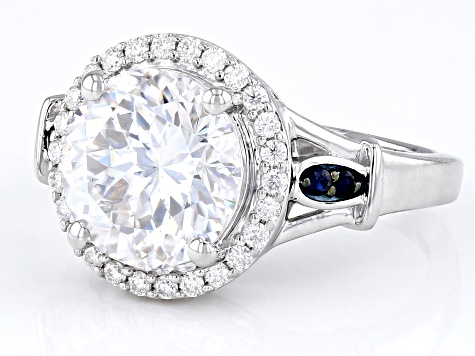 Moissanite And Blue Sapphire Halo Ring 4.39ctw DEW.