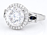 Moissanite And Blue Sapphire Halo Ring 4.39ctw DEW.