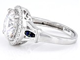 Moissanite And Blue Sapphire Halo Ring 4.39ctw DEW.