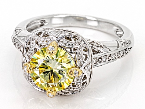 Yellow And Colorless Moissanite Platineve Ring 2.20ctw DEW.