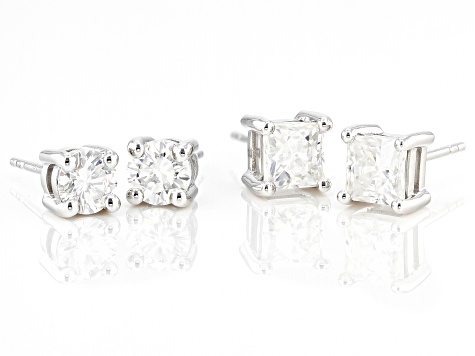 Moissanite Platineve Set Of Two Pair Stud Earrings 2.40ctw DEW