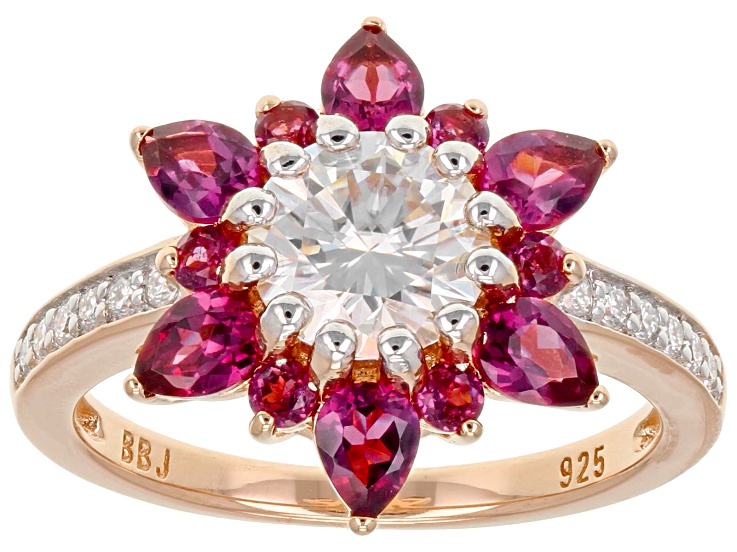 Moissanite And Rhodolite 14K Rose Gold Over Silver Ring 1.32