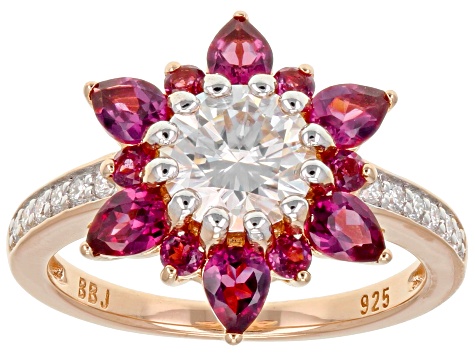 Moissanite And Rhodolite 14K Rose Gold Over Silver Ring 1.32ctw DEW